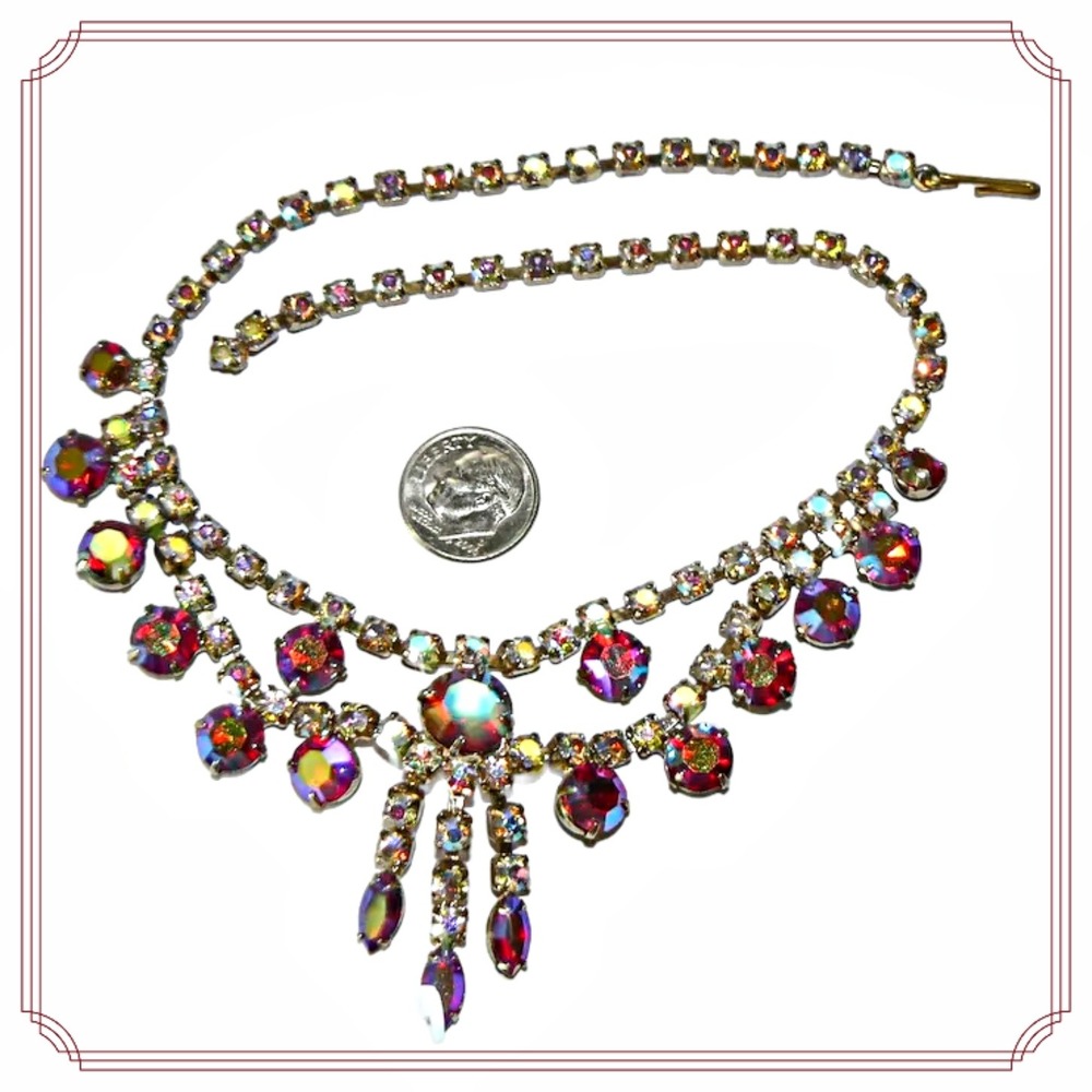 Vintage‎ Aurora Borealus and Red Rhinestone Hollywood Glam Necklace